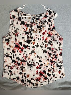 DKNY Womens 1X Sleeveless Blouse Black Red Watercolor Print Keyhole Back